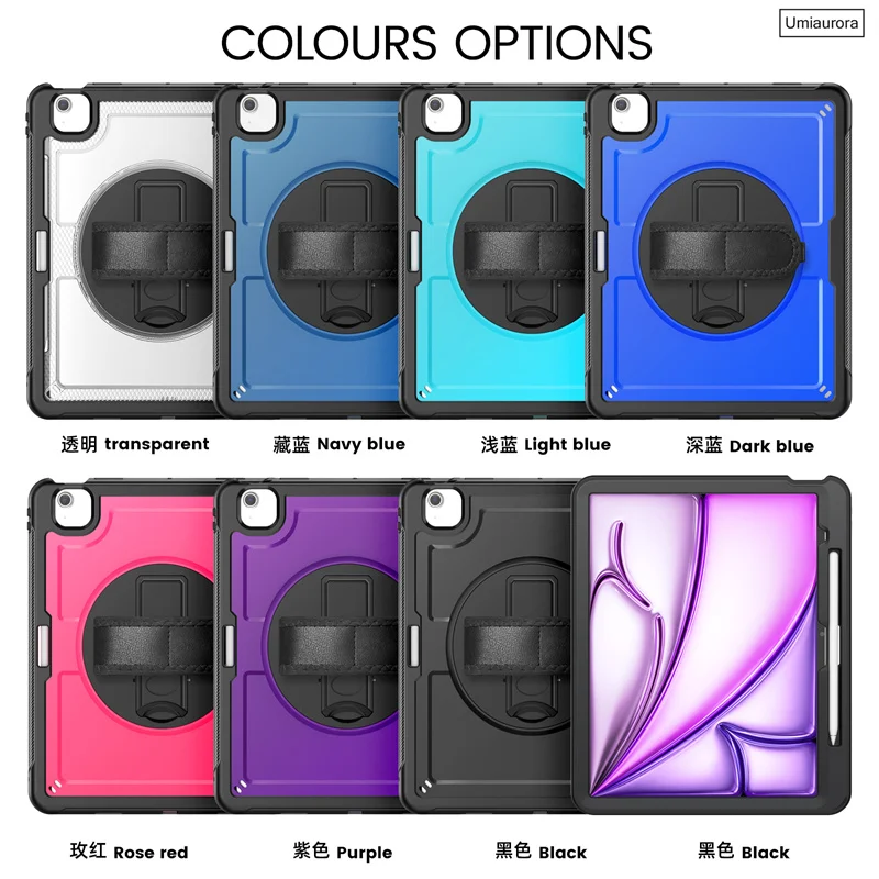 

Противоударный чехол-подставка из силикона и поликарбоната для iPad Mini 7 8.3", A17 Pro 11, 12.9, 13 дюймов, M2, M3, M4, M5, Air 10.9 с ремешком на руку