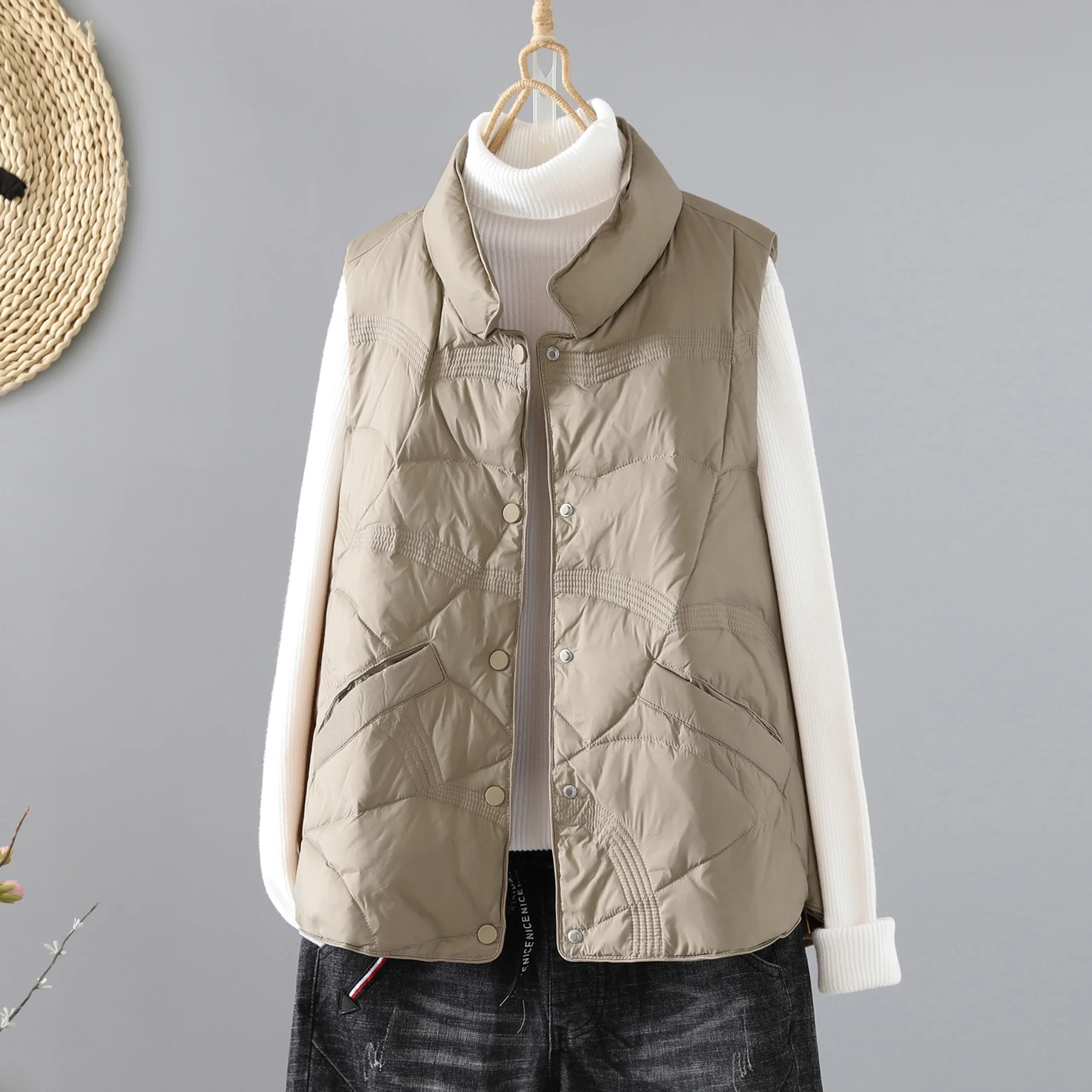 Lekka, ocieplana kamizelka bawełniana damska na jesień i zimę, ciepła, wygodna, z podszewką z polaru, idealna do dojazdów do pracy, zapinana na jeden guzik.