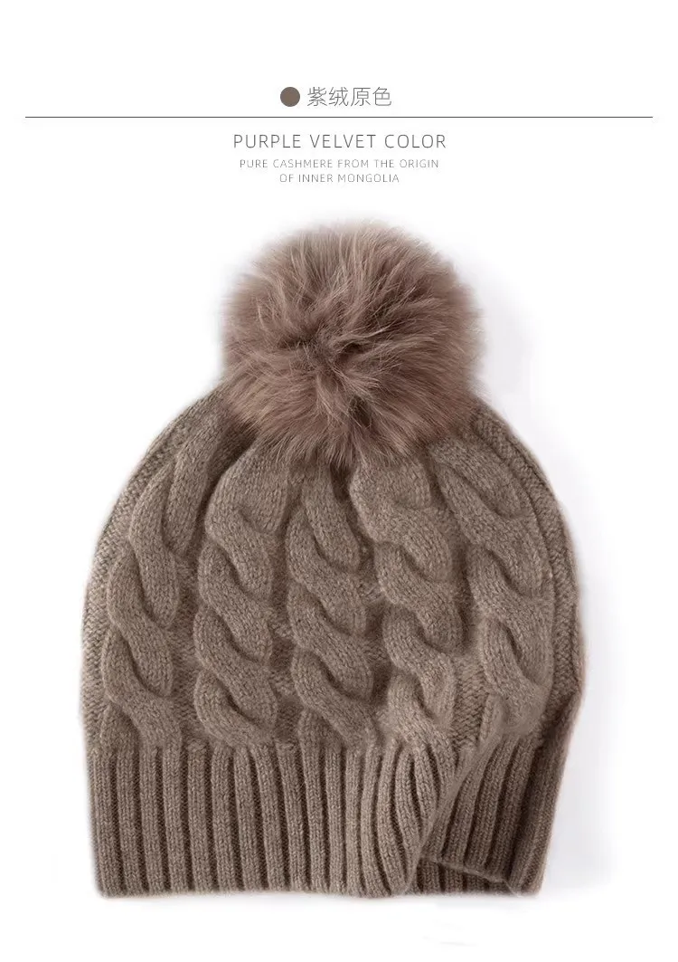 Neuer Winter-Wollhut 100% Wolle Gestrickte Warme Mütze mit Zopfmuster Kaschmirmütze für Kaltes Wetter – Detail 3