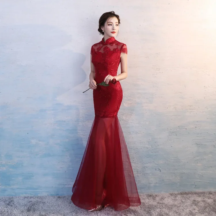 

Elegant Female Chinese Classic Cheongsam Traditional Evening Party Dress Sexy Slim Long Qipao Large Size 3XL Lace Vestidos