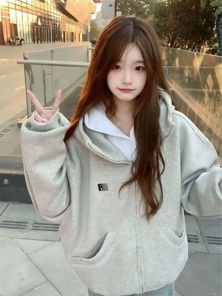 

Женский кардиган с капюшоном и высоким воротником, свободная куртка на молнии, удобная верхняя одежда Lazy Sle, длинное свековое полиэфирное волокно