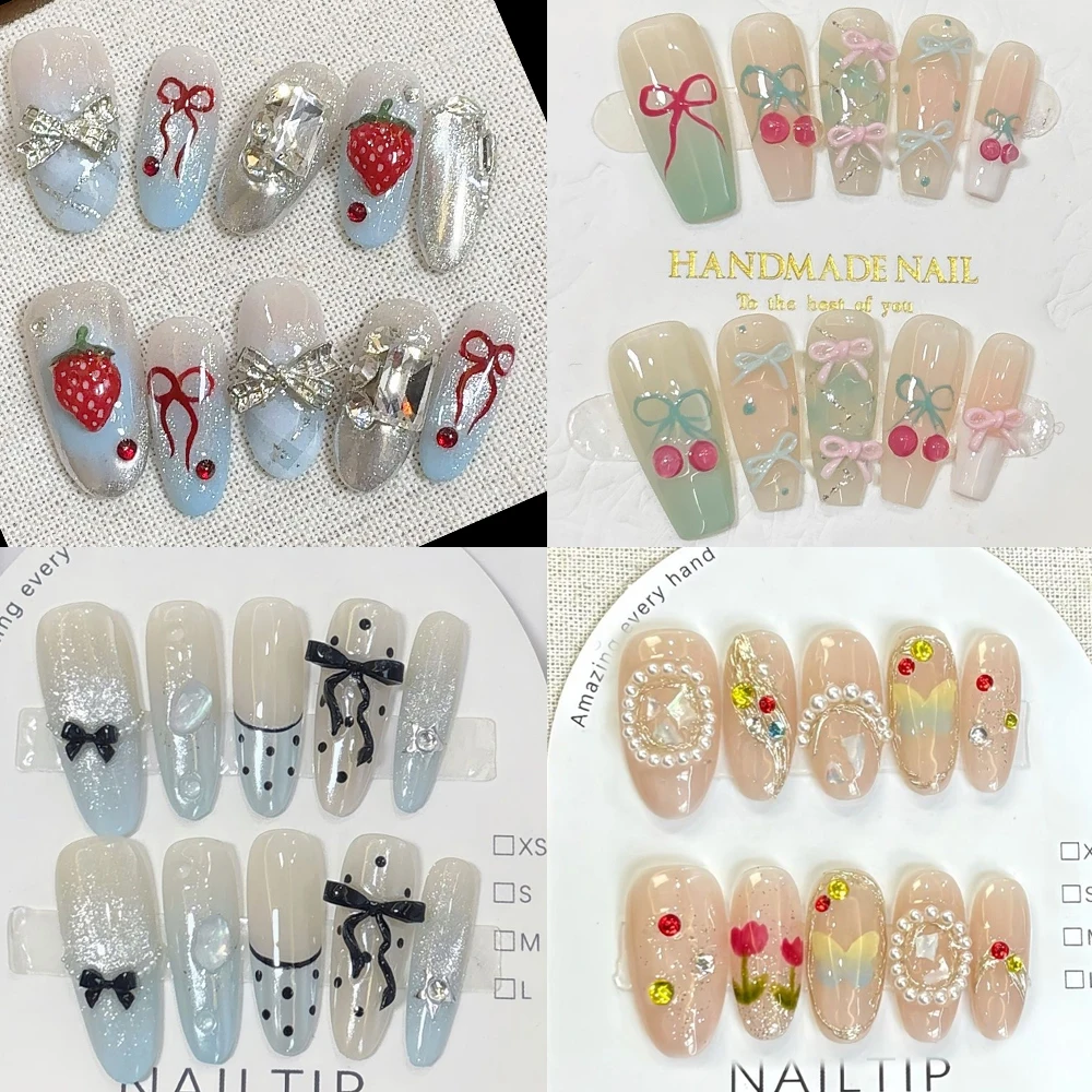 

10Pcs Handmade Summer Jelly Cat Eye Nails 3D Strawberry Flower Pearl Starfish Diamond French Gradient Gel Press On Nails