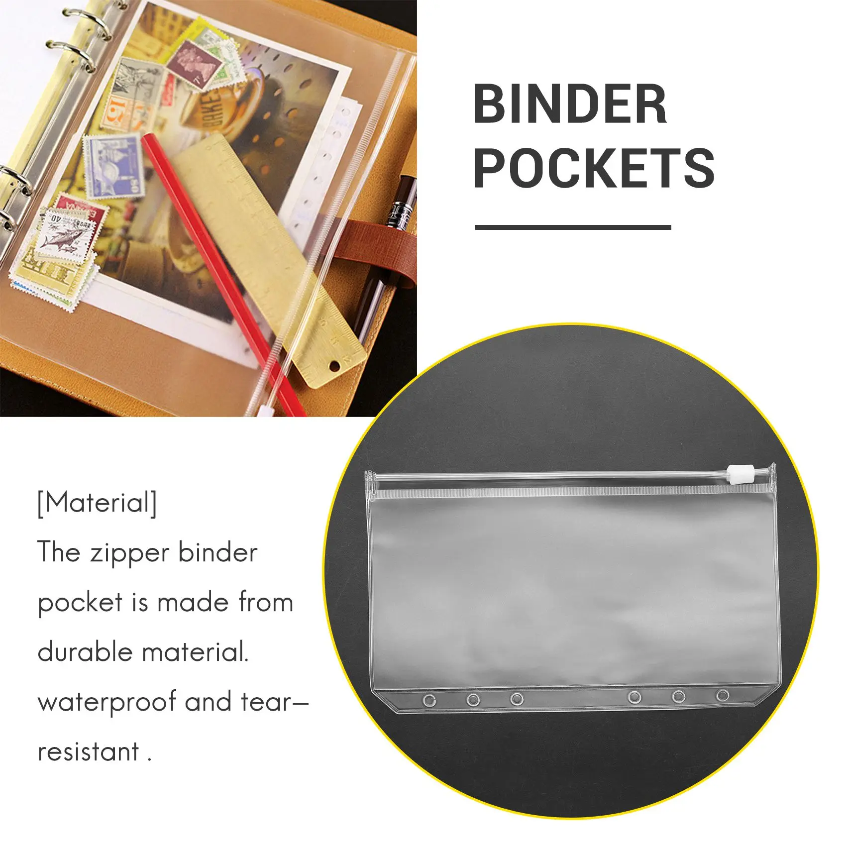 34 PCS Pockets A6 Size 6 Holes Zipper Pouch Folders Clear Waterproof PVC Loose Leaf Bags for 6 Ring