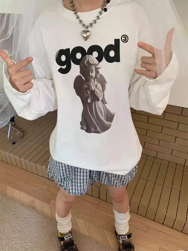 LOTDOOTN Cotton Kawaii Cartoon T-Shirts Pure Women Japanese Style Oversized Tee Shirts Cute Long Sleeve O-neck Y2K Tops E-girl