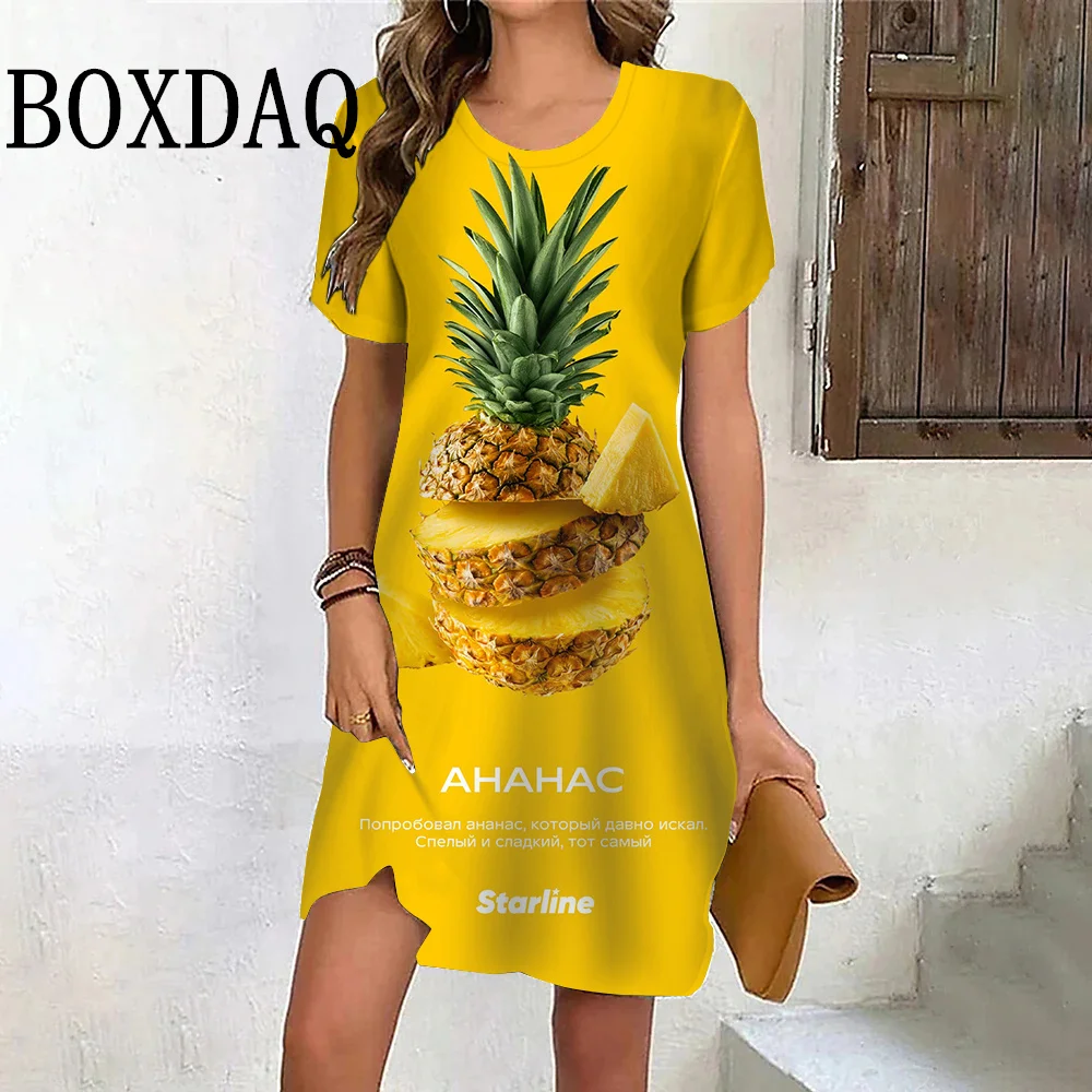 Women Summer Pineapple Printed Dress Sweet Casual Vacation Clothing Beach Style Short Sleeve Fashion Loose Plus Size Dresses New