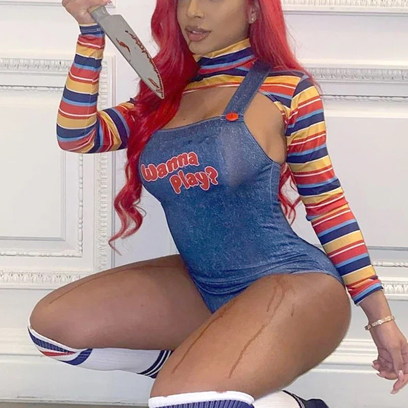 Disfraces de Halloween para mujer, muñeca asesina de pesadilla aterradora, quiero jugar, traje de personaje de película, conjunto de disfraz de muñeca Chucky