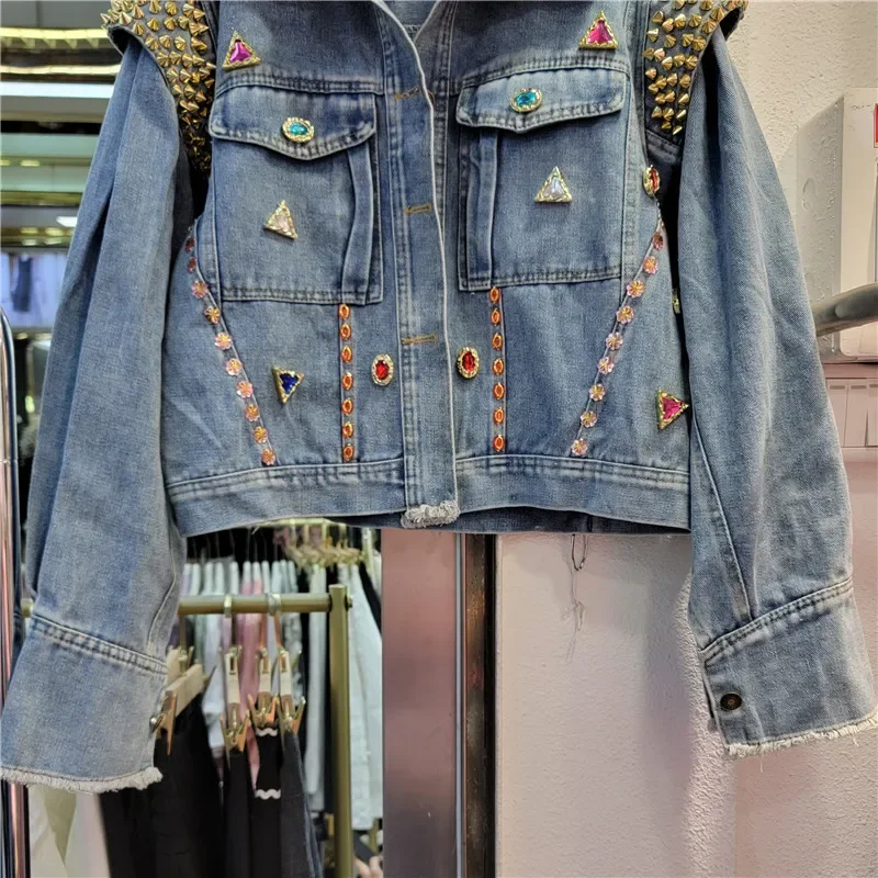 Spring Vintage Blue Short Jeans Jacket Women Casual Fashion Diamonds Rivet Beaded Frayed Burrs Lapel Long Sleeve Denim Outerwear