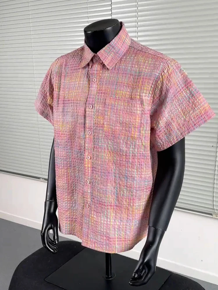 

Pink Plaid Bubble irt Men's ort Sve Spring Dopane Couple Trendy Brand f Sve Plaid irt Stand Fit Youth