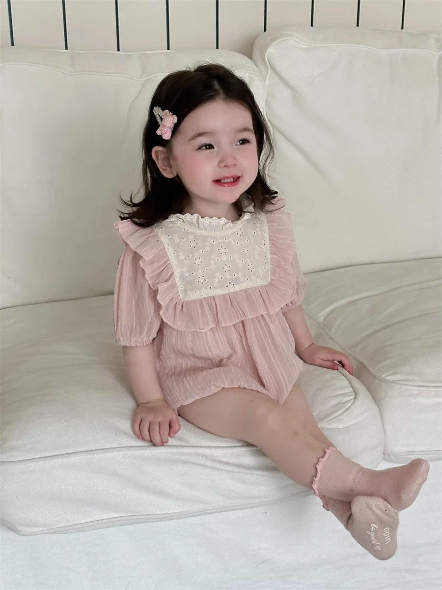 2024 Summer New Baby Short Sleeve Bodysuit Thin Solid Infant Girl Cute Lace Collar Sweet Princess Jumpsuit Newborn Clothes 0-24M