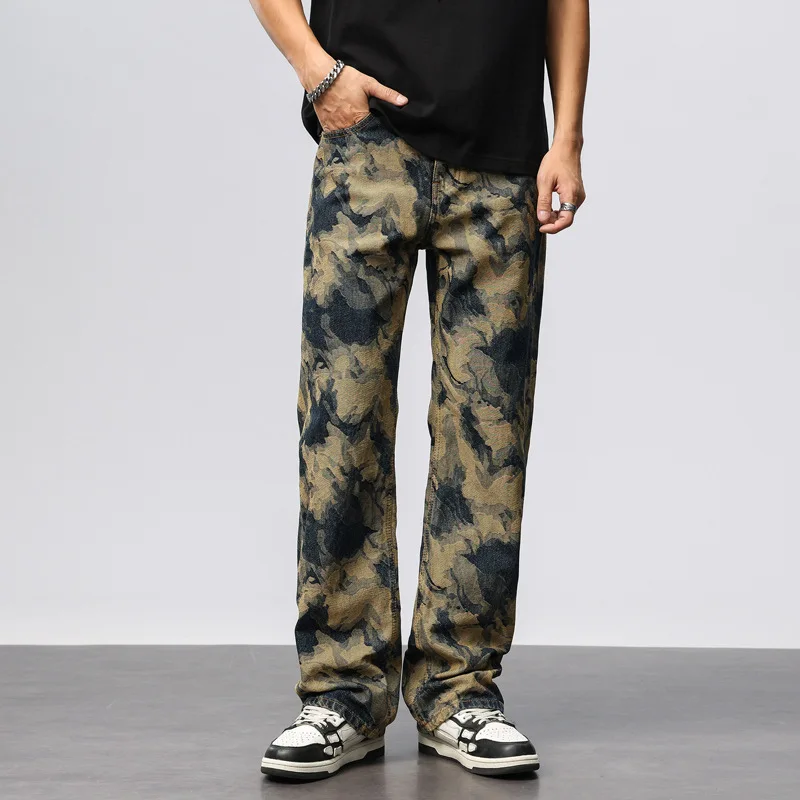

645 Spring high-end hip-hop retro tie-dyed high-street loose all-matching casual straight personalized jeans for men