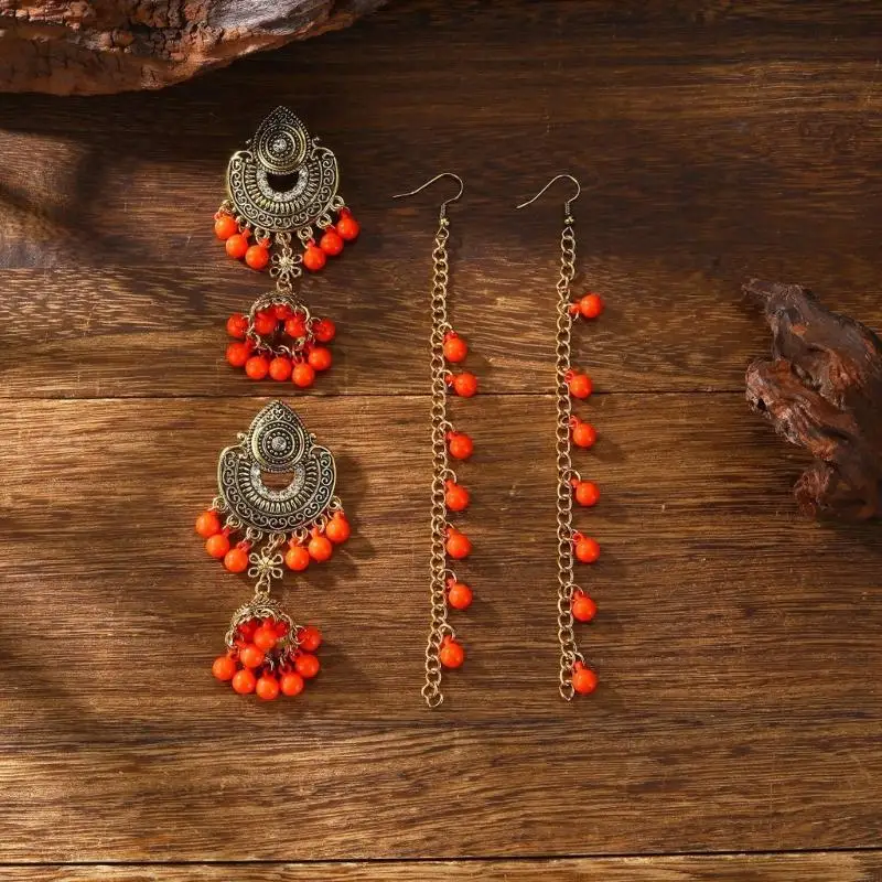  Antique Gold-Tone Earrings with Ornate Openwork and Bead Drops