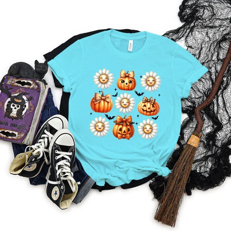 

Halloween Party Classic Tops Flowers Pumpkin Graphic T Shirts Women Vintage Pumpkin Bow Printed T-shirt Women Halloween T-shirts