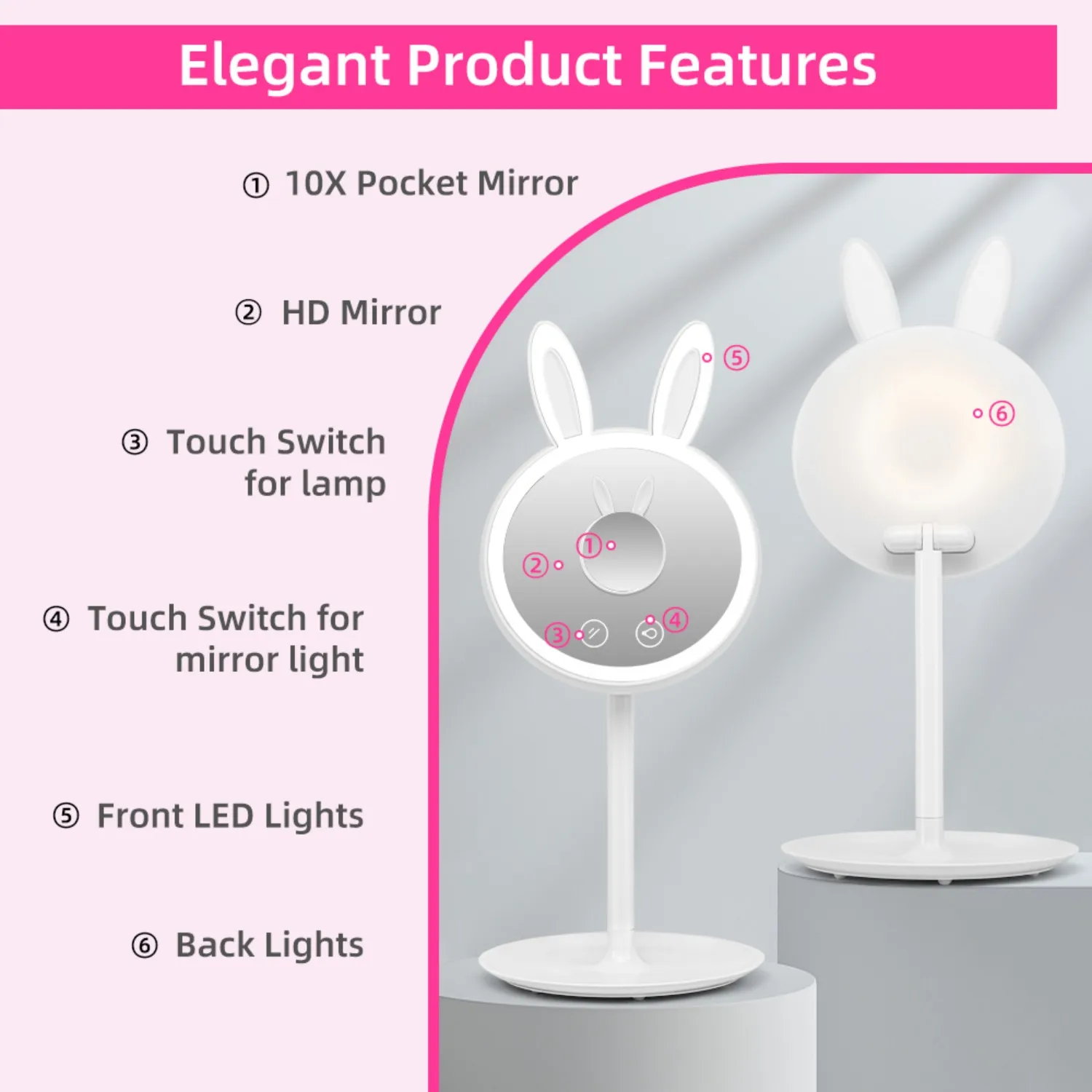 กระจกแต่งหน้า LED รูปกระต่ายสำหรับผู้หญิง - ปรับความสว่างได้ 3 ระดับ, มีไฟส่องด้านหลัง & 180 °   หมุนได้ - ชาร์จซ้ำได้ พร้อมกระจกแม่เหล็กขนาดเล็ก