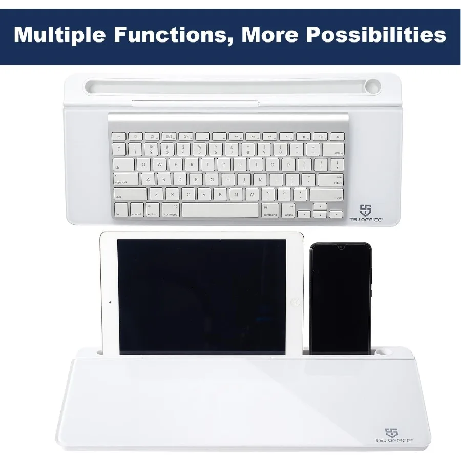 سبورة بيضاء صغيرة لسطح المكتب من الزجاج، لوحة مفاتيح للكمبيوتر، حامل لوحة مفاتيح بيضاء مع منظمات مكتب بأدراج مع أ