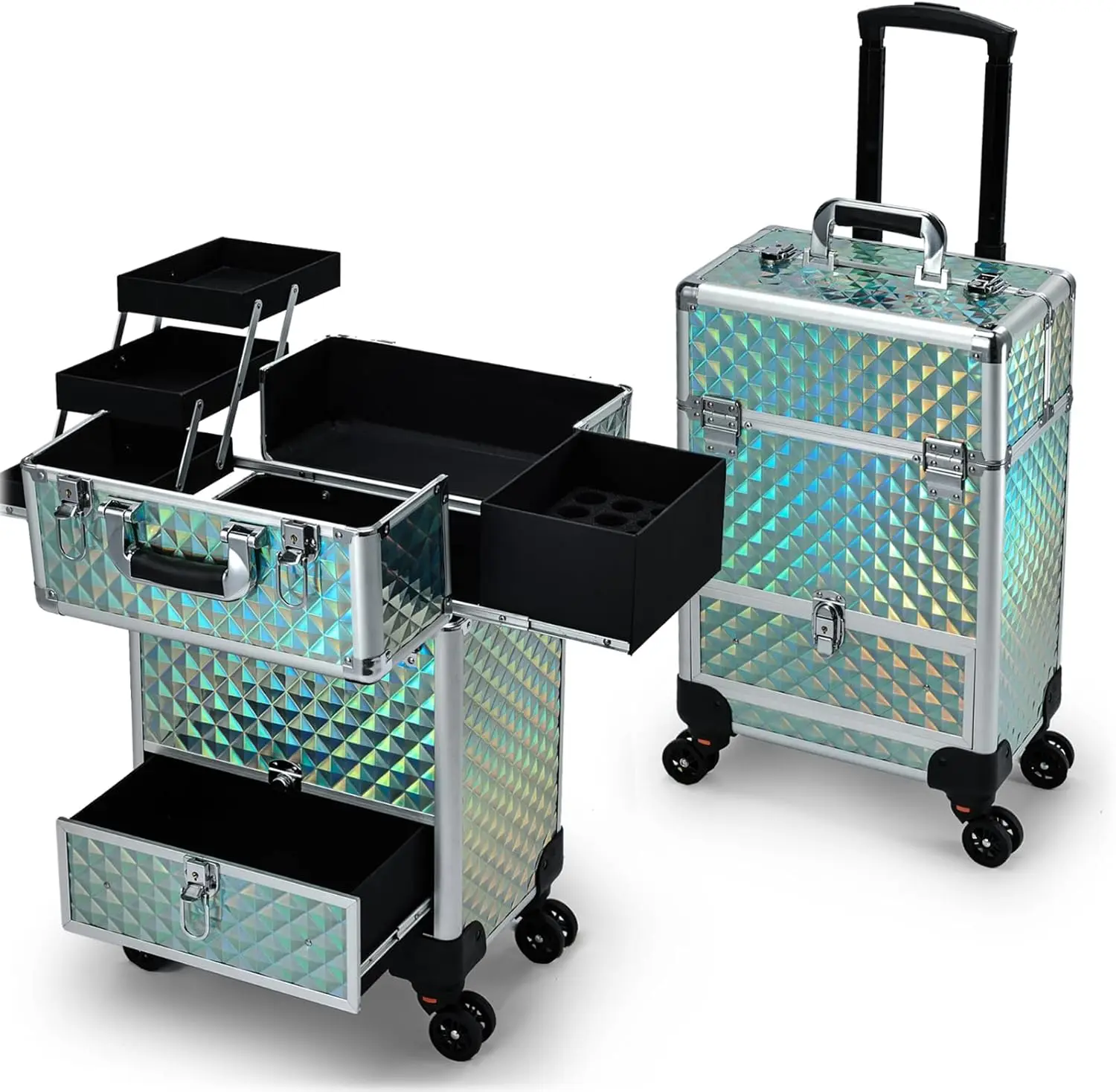 

Blue Rolling Makeup Case with Drawer Travel Trolley Storage Salon Barber Cart for Cosmetologist Nail Tech Hairstylist