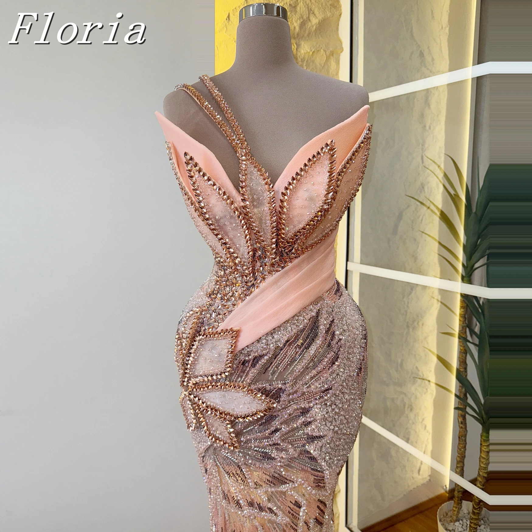 

Customized Coral Pink Mermaid Evening Dresses Sparkly Crystals 3D Leaf Fashion Ruched Wedding Guest Party Wear Formal Prom Gowns