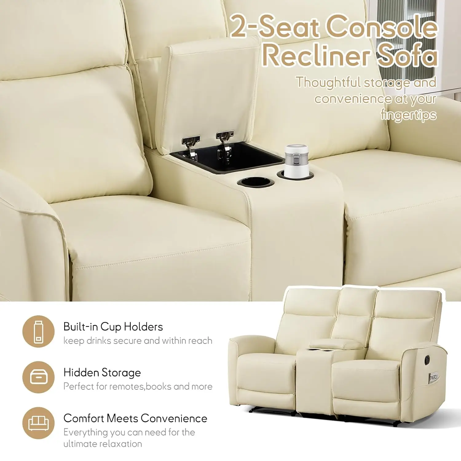 2-Piece Premium Faux Leather Manual Reclining Sofa Set, Include 2 Loveseat 2-Seater with Center Console and Nursery 3-Seater