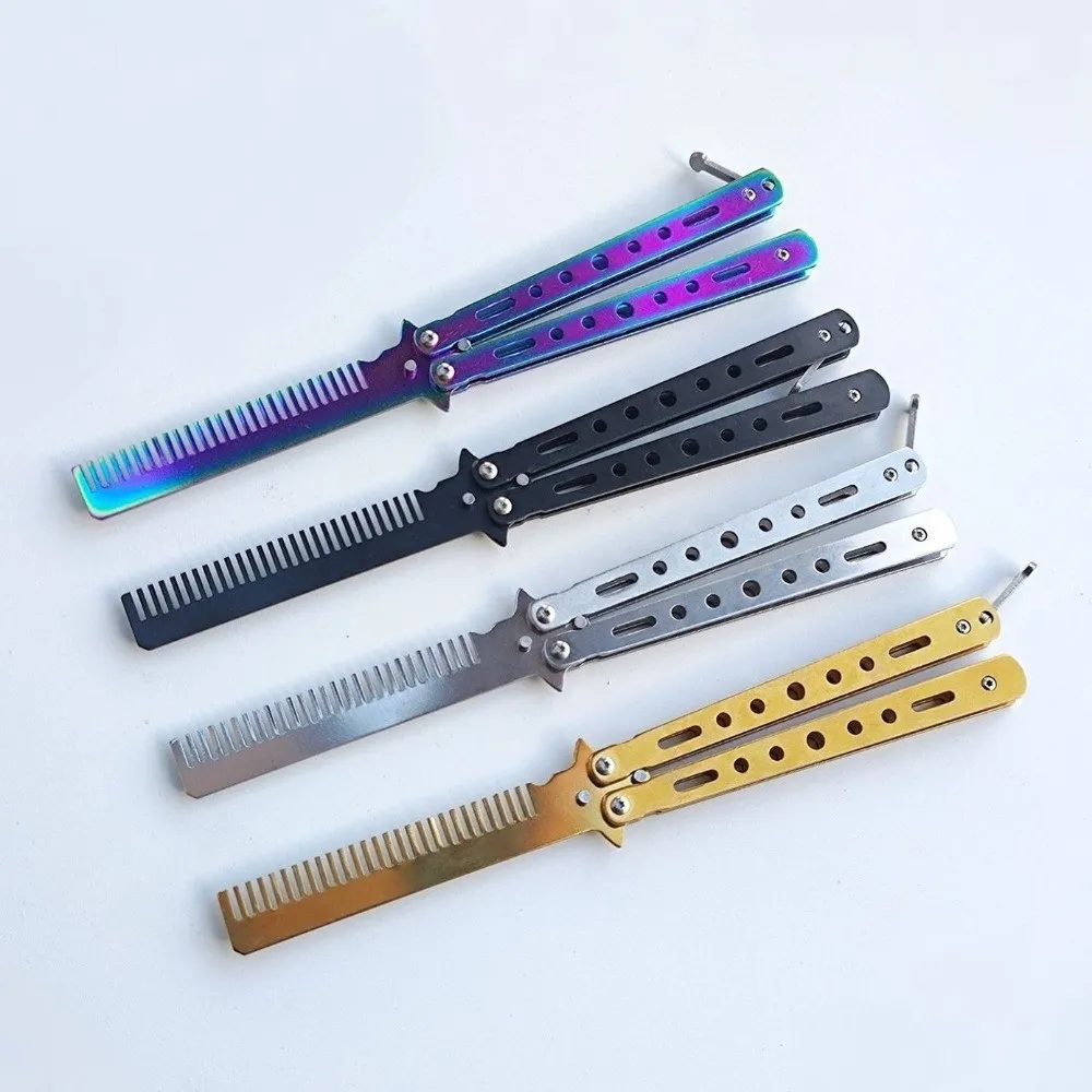 Stainless Steel Butterfly Knife Comb with Buckle Dual Function Hairdressing Comb Solid Color Foldable Styling Tool Comb