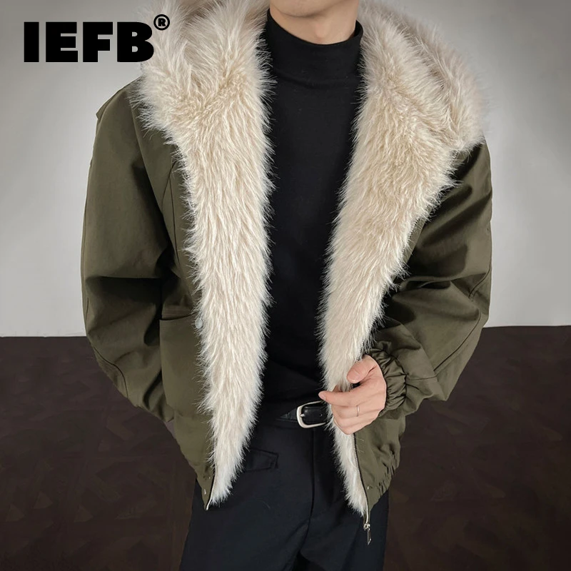 IEFB Niche Design Men's Padded Jackets Faux Fur Solid Color Casual Menswear Loose Pocket Thickened Male Cotton Coats 9X1480