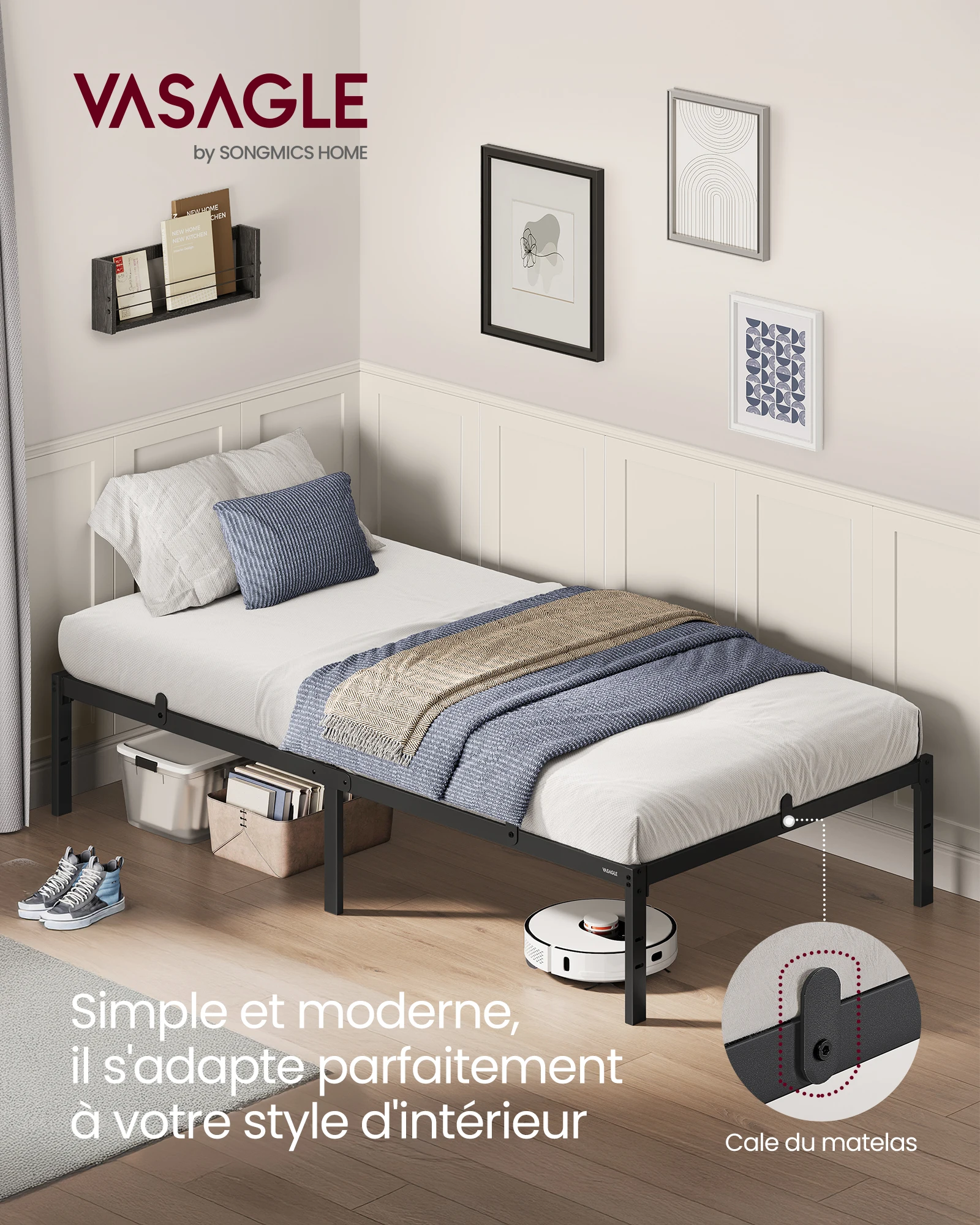 Estructura de cama individual, base de cama de 90 x 190 cm, estructura de metal, espacio de almacenamiento debajo, moderna, cama para invitados, fácil montaje, negro mate