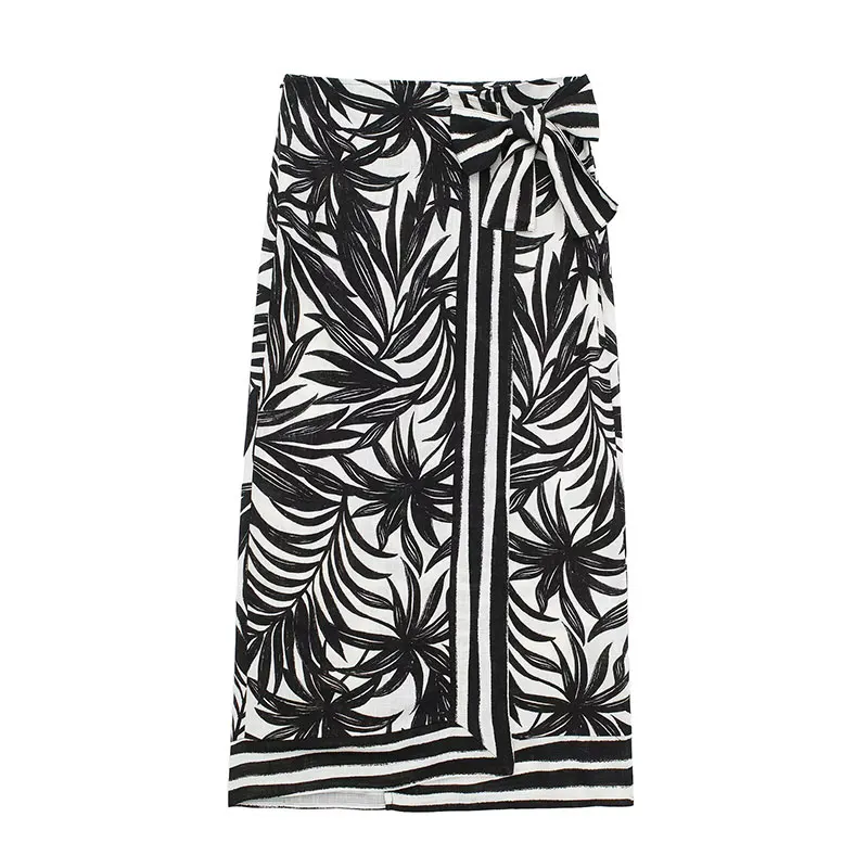 

Printed Midi Long Skirt For Women Spring Summer With Gauze Cage Bow Decoration Prairie Chic Split Straight Skirt