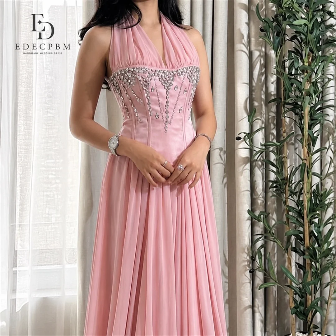 

EDECPBM Chiffon Halter Pink A-Line Evening Dress 2026 Prom Dress Crystal Bodice Pleated Skirt Customized Robes de Soirée