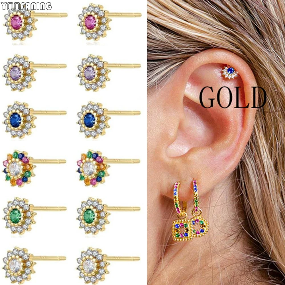 

925 Sterling Silver Ear Needle Advanced Simple hoop earrings Colorful Diamond Flower Sun flowers earings for women Jewelry gift