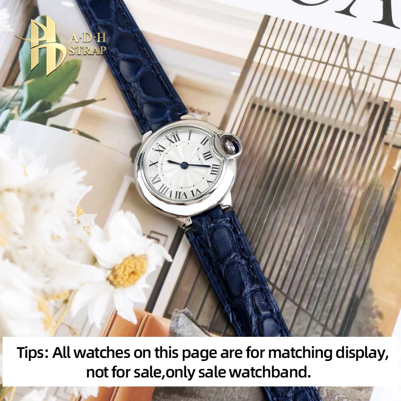 Pulsera de piel de cocodrilo de alta calidad para globos azules Cartier W69010Z4 W 6920071   W 6920085   Correa de reloj mujer convexa 8 11 12 mm