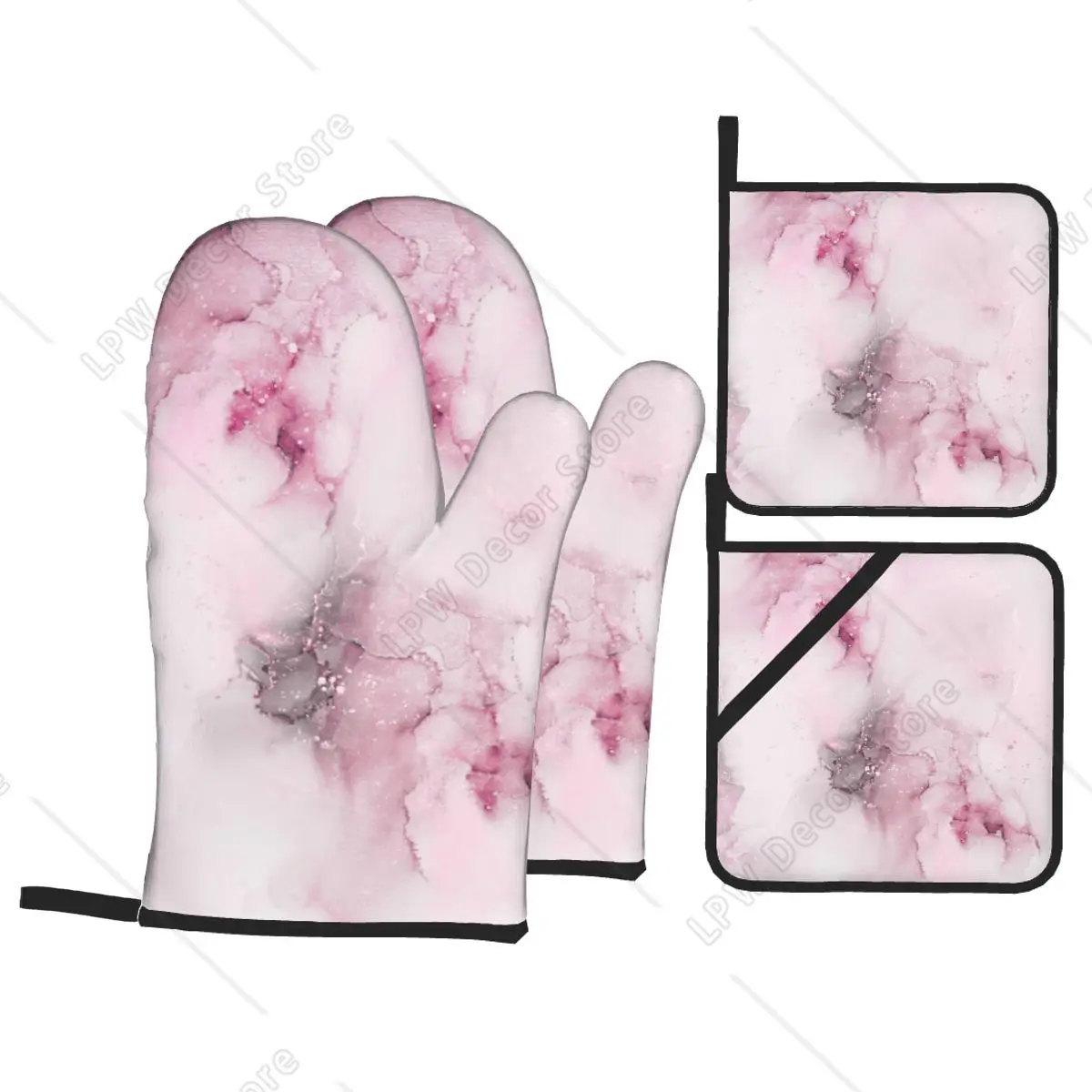 Pink Marble Impression Oven Mitts and Pot Holders 4pcs Set Heat Resistant Kitchen BBQ Gloves for Baking Grilling Potholder
