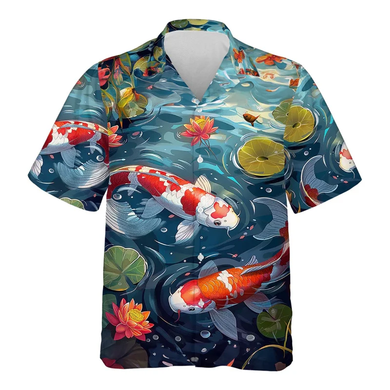 

3D Printed Koi Fish Hawaiian Shirt For Men Good Luck Animal Pattern Blouses Summer Street Aloha Shirts Lapel Tops Short Sleeves