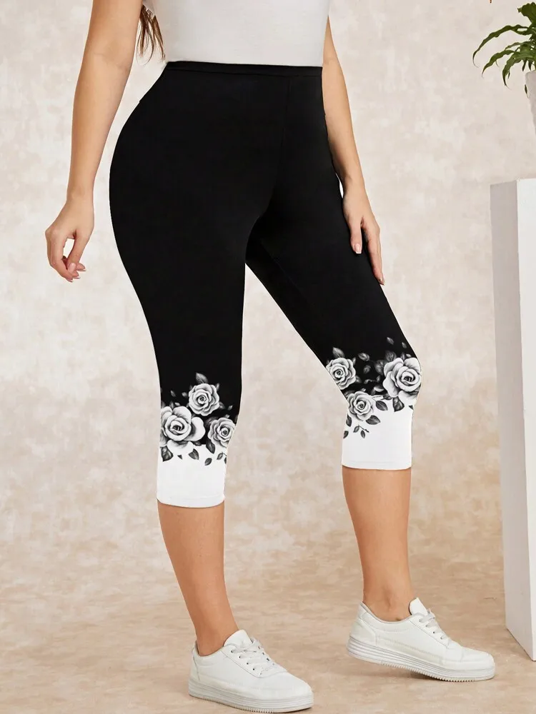 Spring/summer  flower print slim-fit elastic elastic waist tight casual capri leggings for women