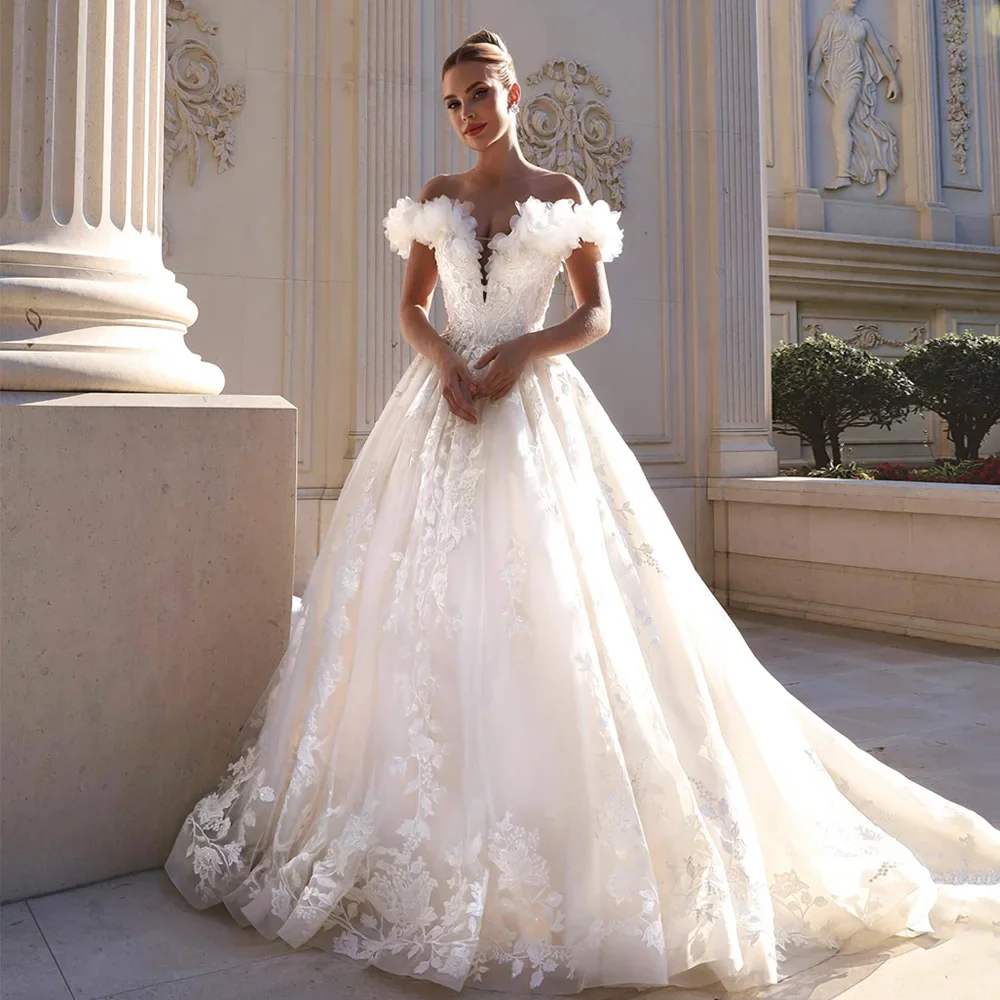 

Customzied Elegant Princess Wedding Dress Off The Shoulder Deep V Neck Flowers Sequined Applique A Line Court Train Bridal Gown