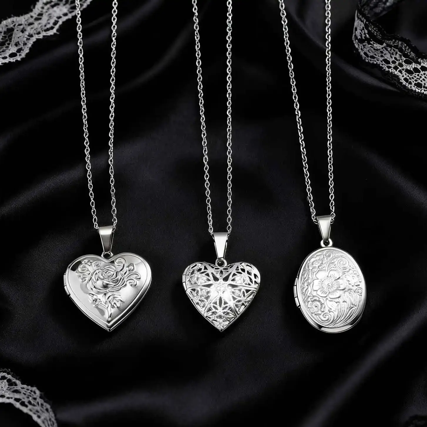 Women's Silver Plated Charm Stainless Steel Hollow Drop Pendant Necklace Texture Jewelry Gift for Christmas