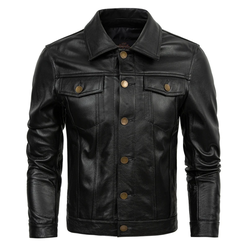 

New Promotion Top Layer Pure Cowhide Genuine Leather Jacket Men's Short Fit Jeans Leather Jacket Casual Outerwear