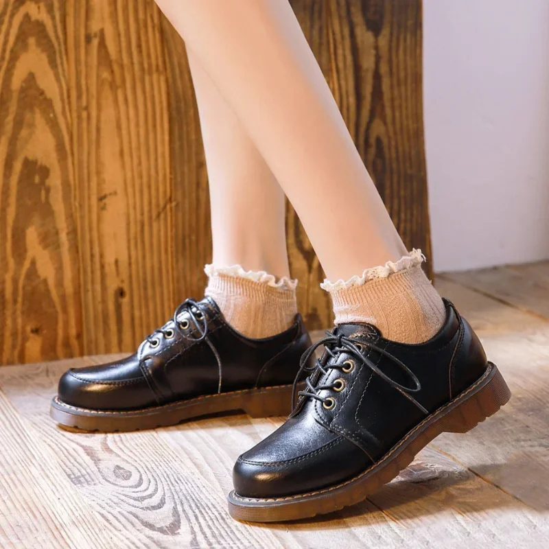 35-40 Women Oxfords Women's Shoes Ladies Leather Female Round Toe Sewing Retro Comfortable Footwear Lolita Shoe Brown