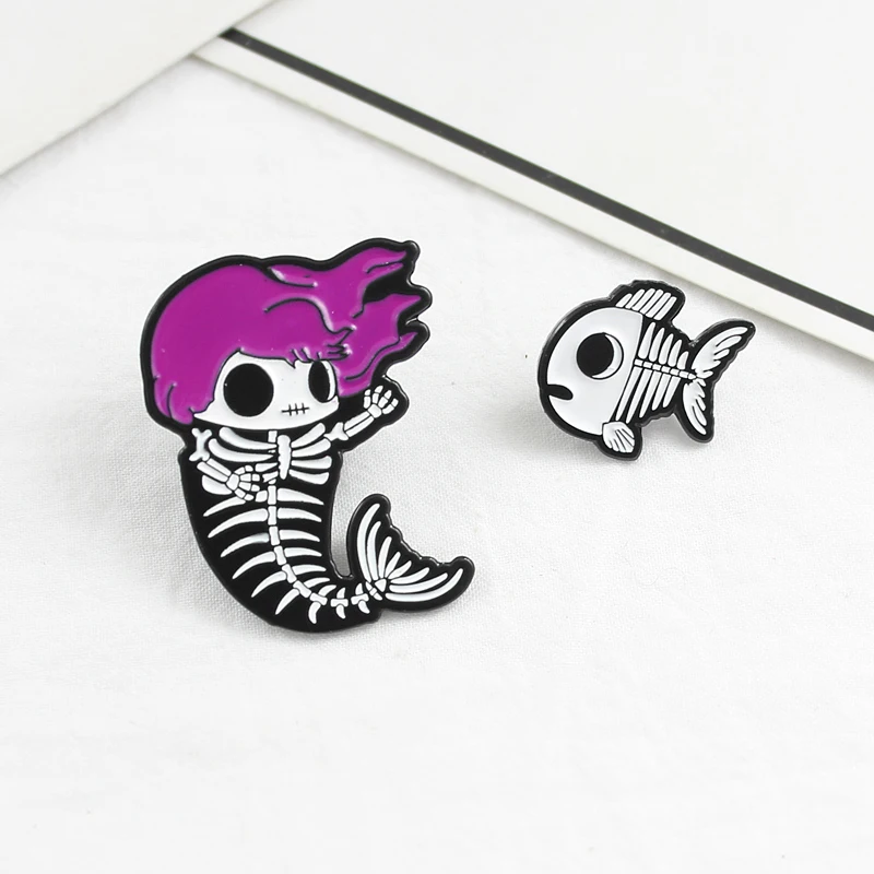 Fishbone Brooch Zombie Pirate Mermaid Fishbone Enamel Pins Badge Fish Bones Badge Fantasy Gifts Brosche Cute Mermaid Skeleton