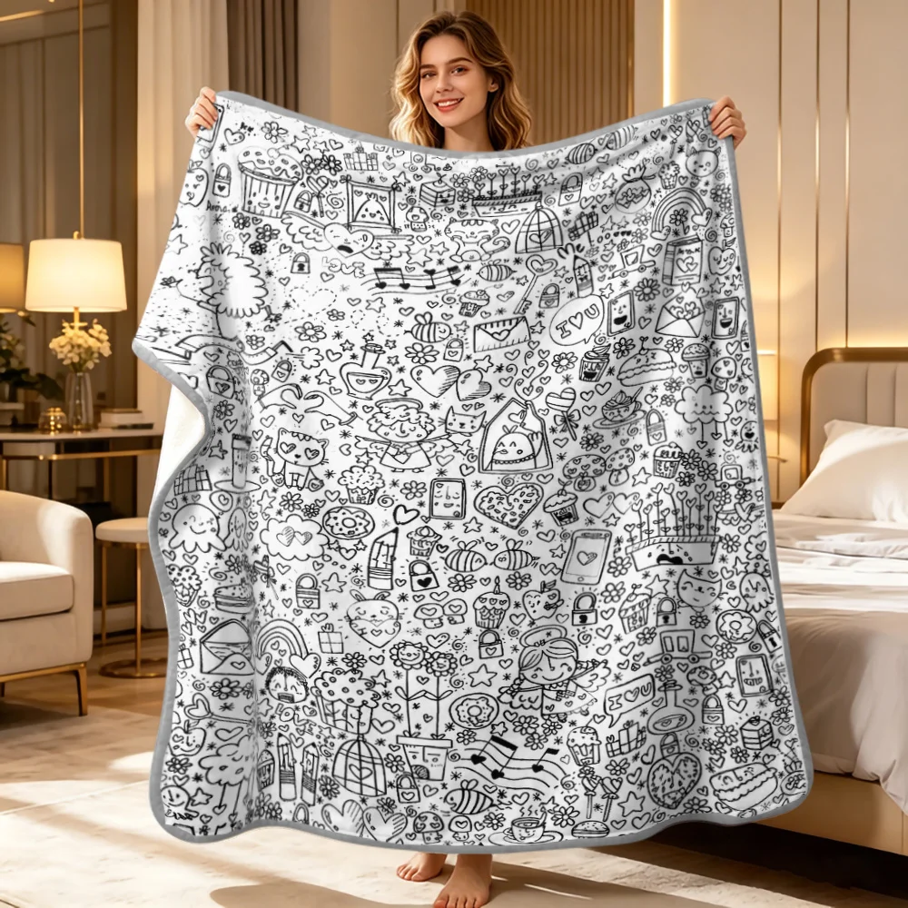 Cute Full Page Graffiti Line Draft Printed Blanket Can Be DIY Painted Blanket Creative Fun Sofa Nap Home Blanket, Excluding Mark