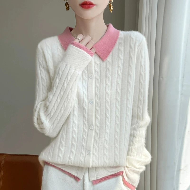 

Autumn Winter Womens 100% Wool Sweater O-Neck Top Long Sleeve Basic Cashmere Knitwear Cardigan Clothing Coat Short lapel Sweater