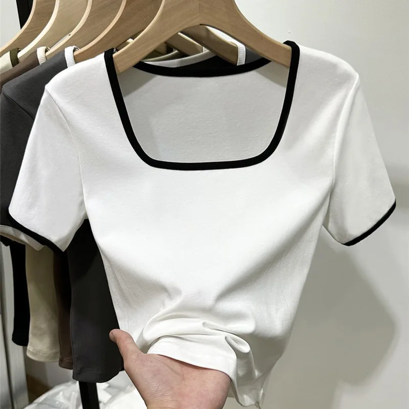 Splice Low Cut Korean Fashion T-shirts Women Slim Sexy Kpop Crop Tops Vintage Y2K Gothic Kawaii Cheap Clothes Woman Tshirts