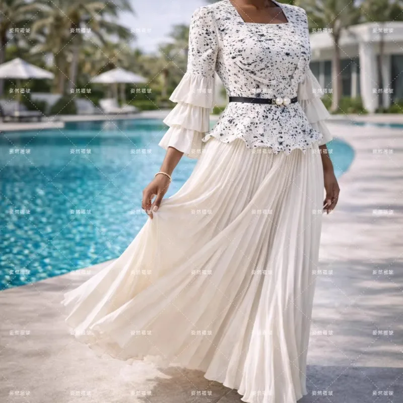 Miyake Pleated Original Skirt Set 2026 Summer New Evening Dress Square Neck Ruffled Loose Plus Size Print Fold 2-Piece Set Women - view 3