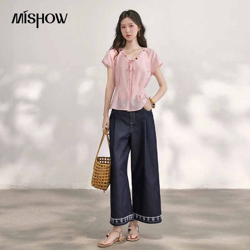 MISHOW Women's V Neck Beaded Tie Front Blouse 2026 Summer Korean Pleated Waist Tps Slim Pink Blouses Office Lady MXF29X2731