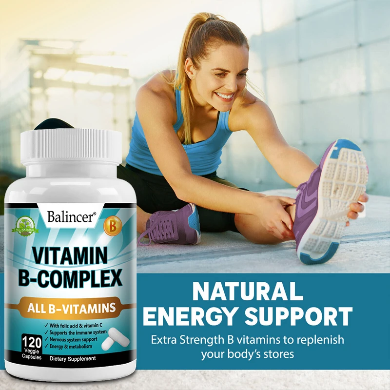 Vitamin B Complex Capsules - Folic Acid and Vitamin C Supplements Help with Immune System, Neural Health, Energy, and Metabolism