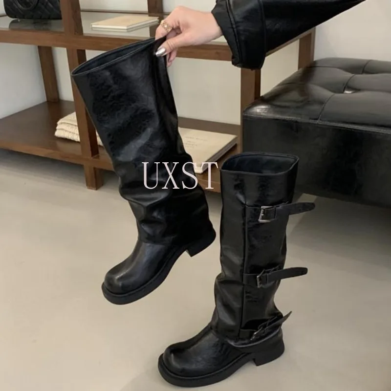 

Женская обувь с пряжкой на ремне, черные брюки средней длины, штабелируемые сапоги, рыцарские высокие сапоги, ковбойские сапоги в стиле вестерн