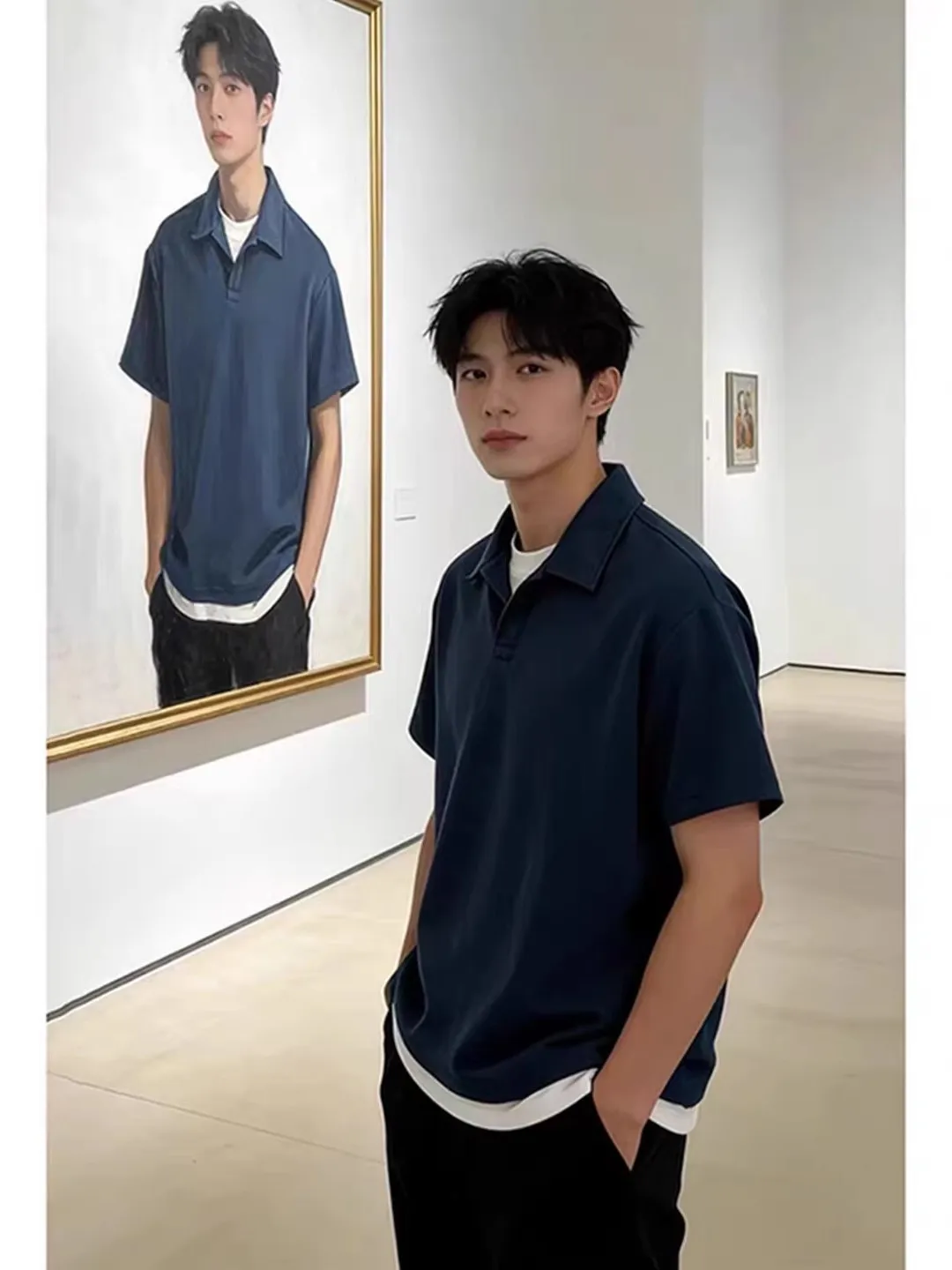 Black  Shirt Short Sleeve Men Summer Light Maturity Style Male Collar T-Shirt CleanFit Standard Fit Fake Two-Piece Shirt