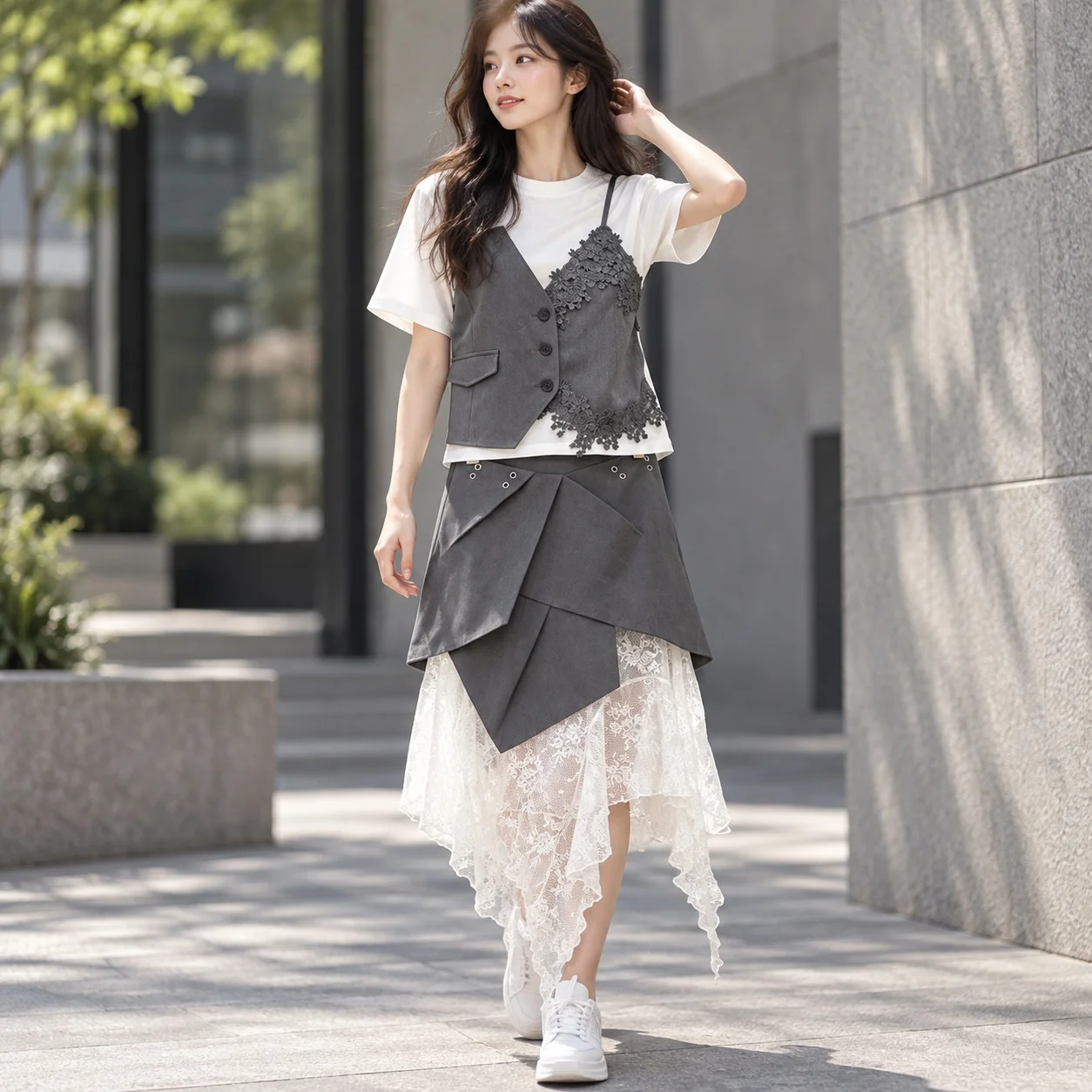 Patchwork Midi Skirt Set Maxi Length Japanese Korean Casual with T Shirt Top Asymmetrical Three Quarter Sleeve Summer for Women