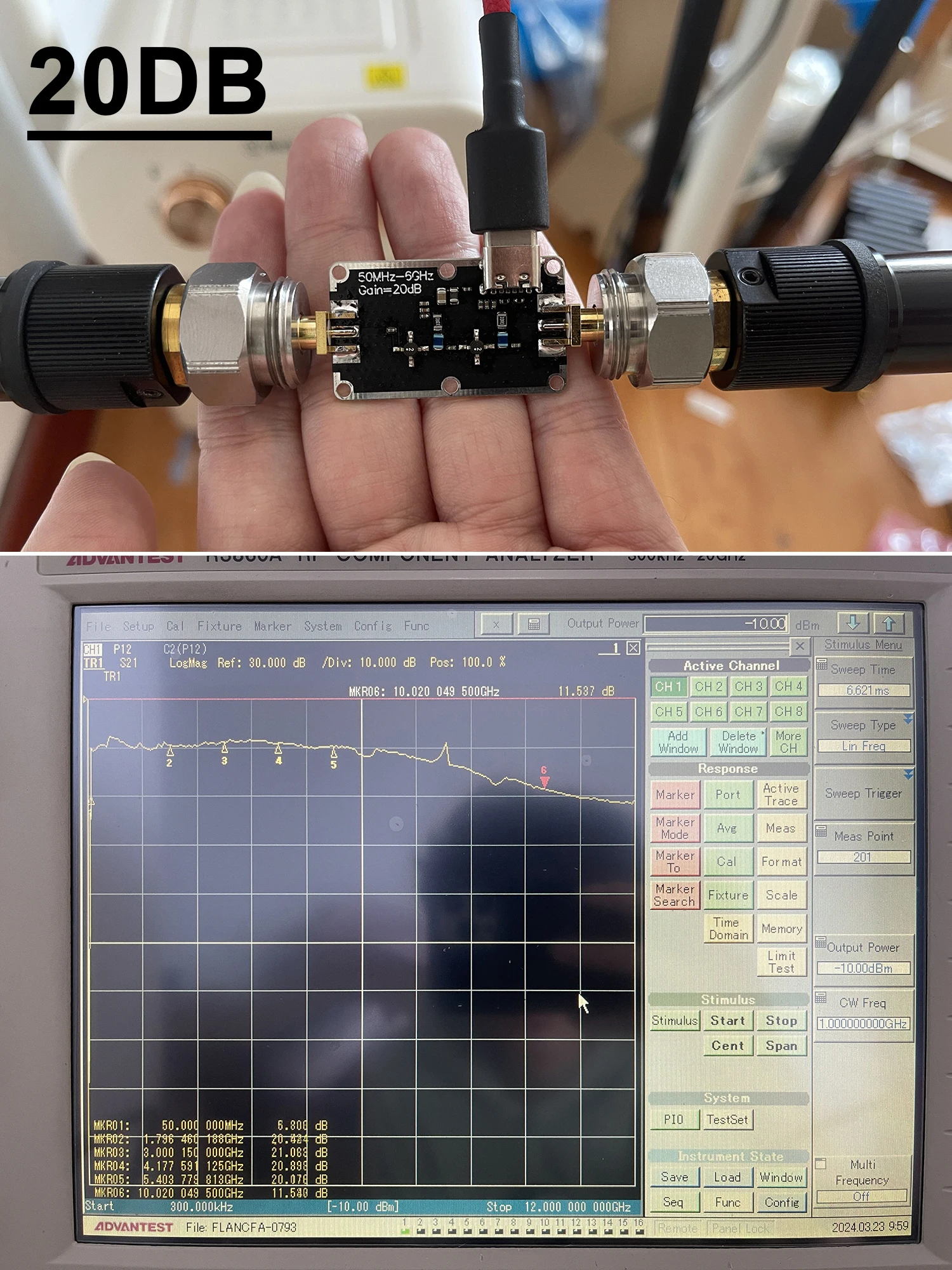 Receptor do sinal da movimentação do RF, amplificador alto do nivelamento, 50MHz-6GHz, 10DB, 20DB, 30DB, 40DB, 433MHz, 915MHz, 1.2Ghz, 1.5Ghz, 2.4Ghz, 5.8Ghz