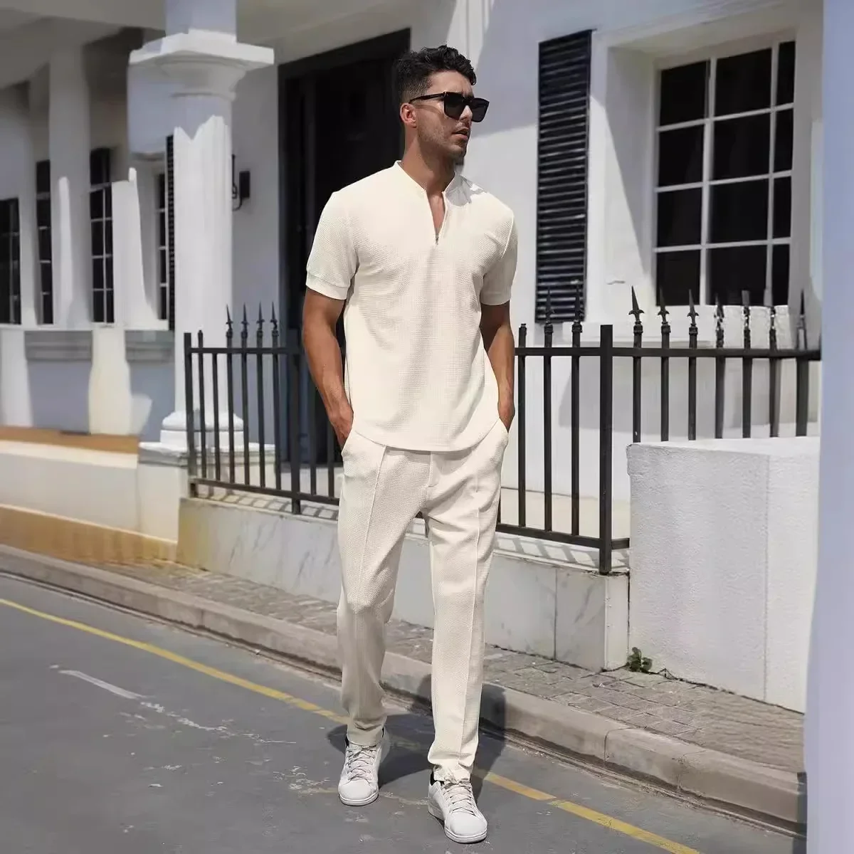 

Men Pant Set Two Piece Sets Short Sleeve V Neck Polo Shirt Tops Solid Casual Splice Regular High Waist Long Pants 2025 New