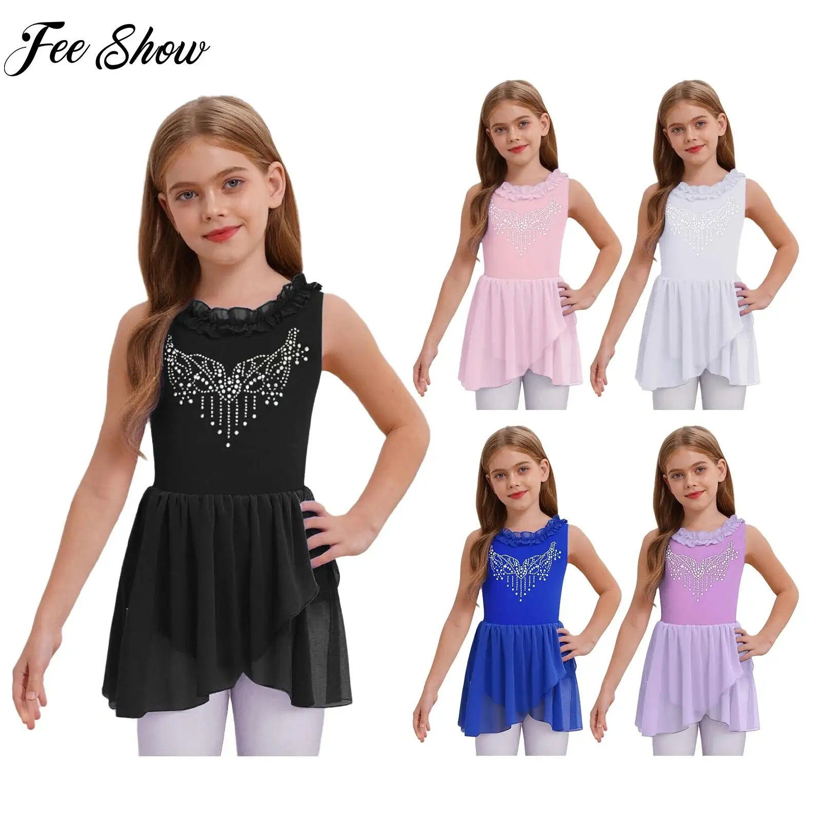 

Teen Girls Ballerina Costume Sleeveless Ballet Dance Gymnastics Dress Figure Skating Performance Costume Kids Shiny Dancewear