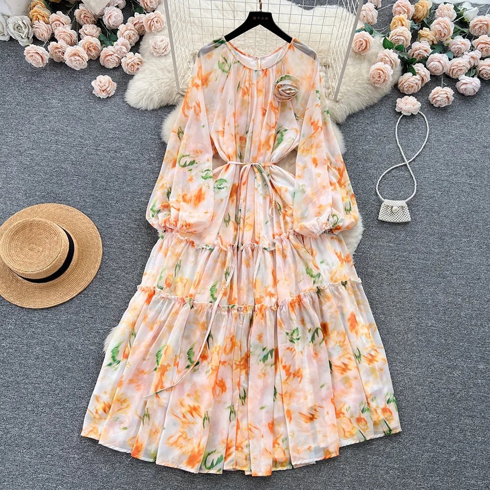 Croysier Women Round Neck Long Sleeve Raised Flower Chiffon Midi Dresses With Belt Tiered Frill Trim Vintage Print Elegant Dress