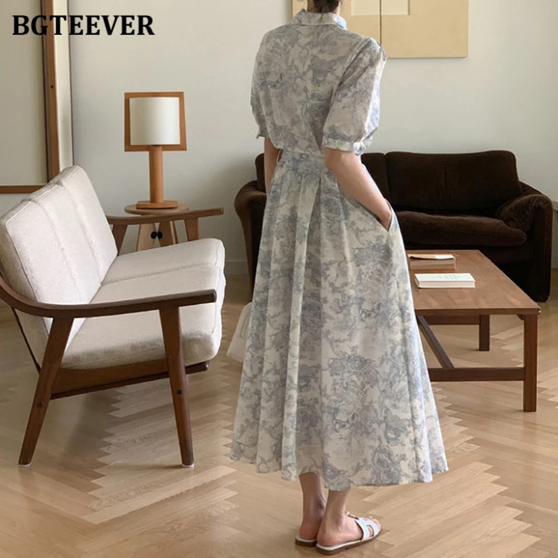 BGTEEVER Vintage Short Sleeve Female A-line Floral Dress Casual Slim Waist Lace-up Pockets Female Single-breasted Midi Dress